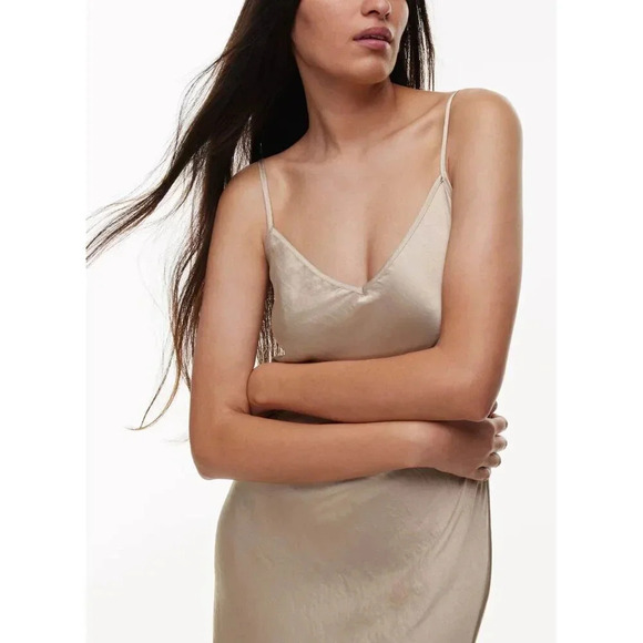 Aritzia Wilfred Womens XS Only Slip Satin Midi  Dress Champagne Chemise - Picture 2 of 8